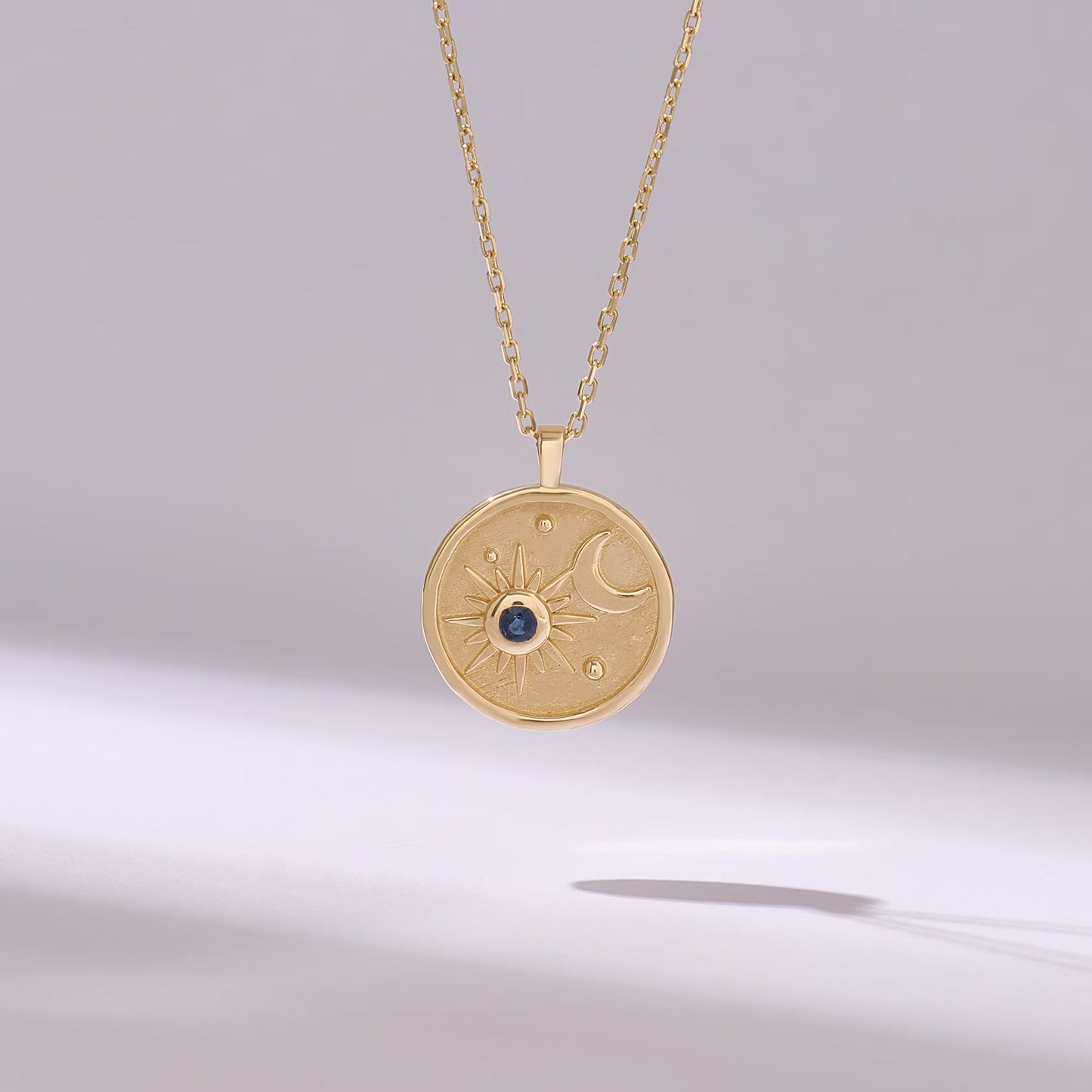 Sapphire Moon & Star Circle Charm Necklace, 14K Solid Yellow Gold Coin Pendant, Real Sapphire Birthstone Necklace, Women Celestial Jewelry