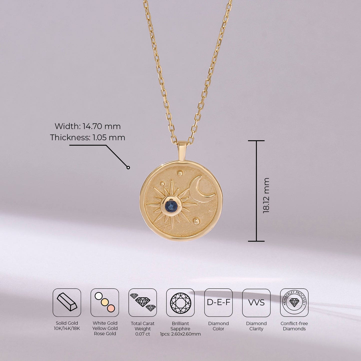Sapphire Moon & Star Circle Charm Necklace, 14K Solid Yellow Gold Coin Pendant, Real Sapphire Birthstone Necklace, Women Celestial Jewelry