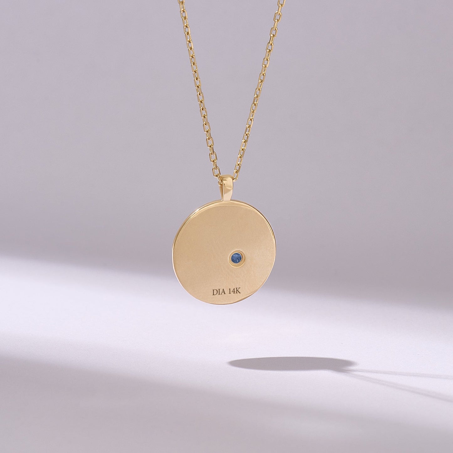 Sapphire Moon & Star Circle Charm Necklace, 14K Solid Yellow Gold Coin Pendant, Real Sapphire Birthstone Necklace, Women Celestial Jewelry