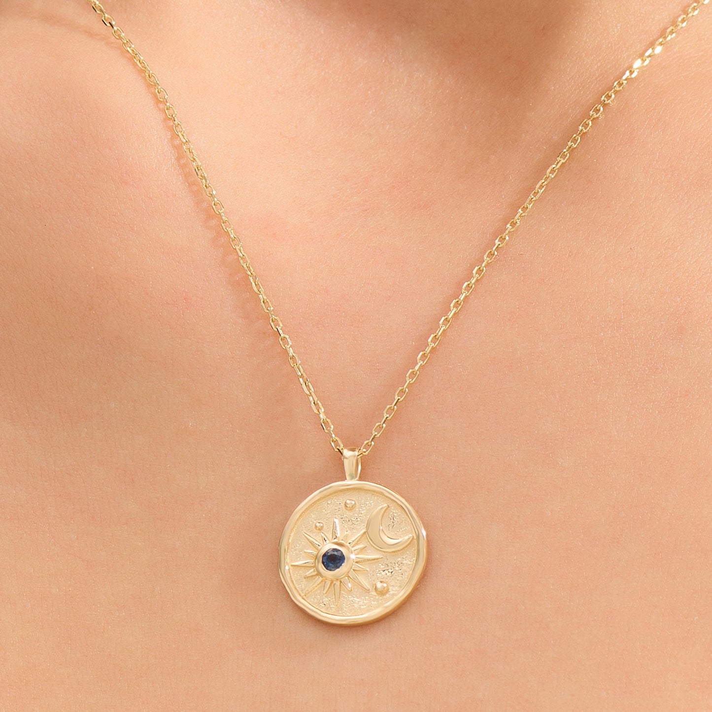 Sapphire Moon & Star Circle Charm Necklace, 14K Solid Yellow Gold Coin Pendant, Real Sapphire Birthstone Necklace, Women Celestial Jewelry