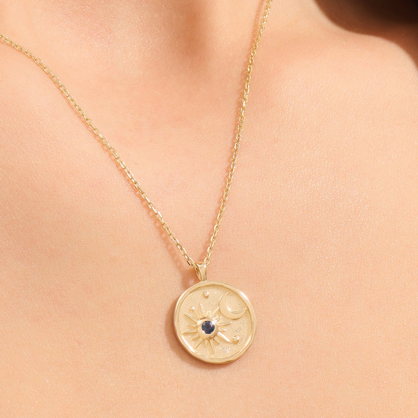 Sapphire Moon & Star Circle Charm Necklace, 14K Solid Yellow Gold Coin Pendant, Real Sapphire Birthstone Necklace, Women Celestial Jewelry